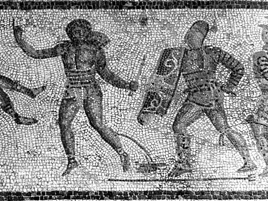 Darstellung eines Kampfs zwischen einem retiarius (links) gegen einen secutor (rechts) (Mosaik aus Leptis Magna, ca. 80-100 v. Chr.)