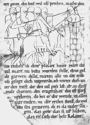 Roland strmt den Tempel Mahomets (P, fol. 57v) Diese Abbildung stammt aus der Heidelberger Handschrift P (Cod. Pal. germ. 112, Ende 12. Jh.).