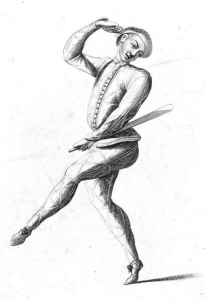 John Rich (producer) as Harlequin in an early British pantomime, c. 1720