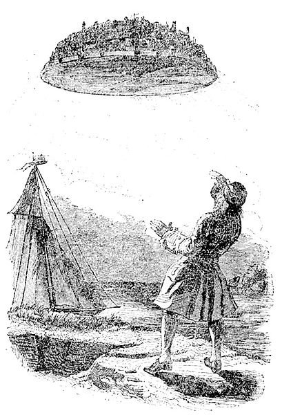 Gulliver entdeckt Laputa, die Stadt auf der fliegenden Insel. Buchillustration von Grandville, 1838