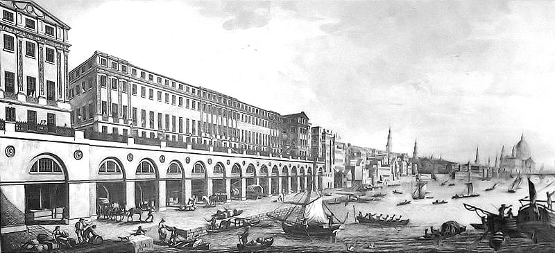 The Adam Brothers' Adelphi (1768-72) was London's first neo-classical building. Eleven large houses fronted a vaulted terrace, with wharves beneath.