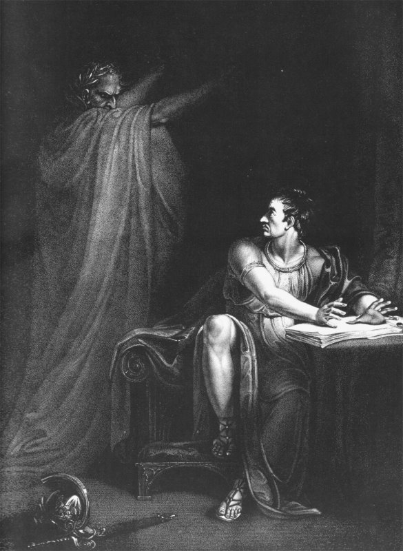 The ghost of Caesar taunts Brutus about his imminent defeat. (Copperplate engraving by Edward Scriven from a painting by Richard Westall: London, 1802.