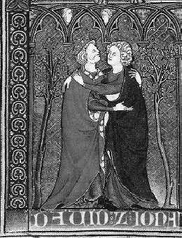 Umarmung zwischen David und Jonathan in einer Illustration des 14. Jahrhunderts.