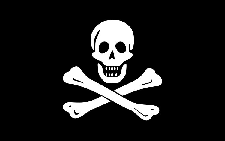 Schwarze Flagge: ein Totenkopf, darunter zwei gekreuzte Knochen; die bekannte Flagge des Piraten Edward England