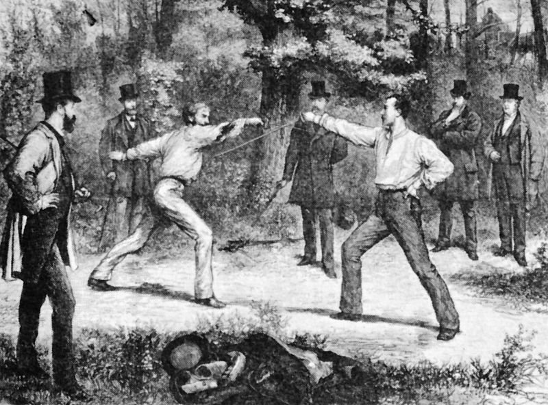Franzsisches Duell im Bois de Bologne von Paris - eine Zeichnung von Durand 1874