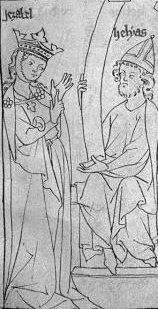 Federzeichnung aus einer Biblia Pauperum, entstanden im ersten Viertel des 14. Jahrhunderts, zeigt Jesabel, phnizische Frau Knig Ahabs, die dem Propheten Elias droht, der ihren Baalkult ablehnt.