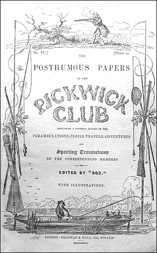 Originalcover von 1837 von 'The Posthumous Papers of the Pickwick Club' (= The Pickwick Papers). Die meisten Romane Dickens' wurden in Fortsetzungen verffentlicht, bevor sie als Bcher herausgegeben wurden