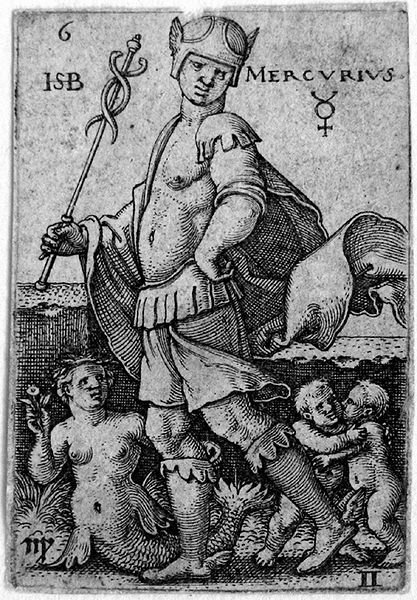 Allegorische Darstellung des Merkur als Herrscher der Tierkreiszeichen Jungfrau und Zwillinge, von Hans Sebald Beham, 16. Jahrhundert.
