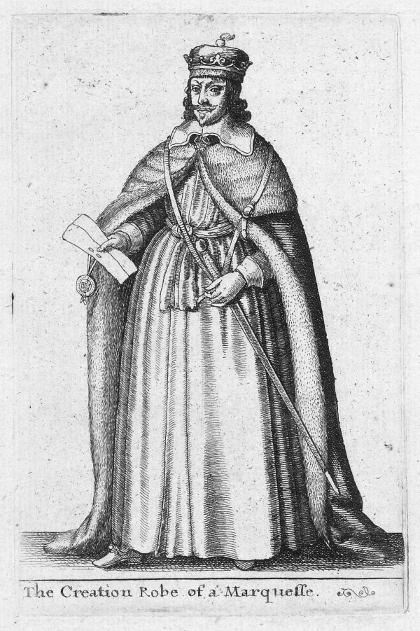 A 17th-century engraving of the robe used by a marquis during this creation ceremony.